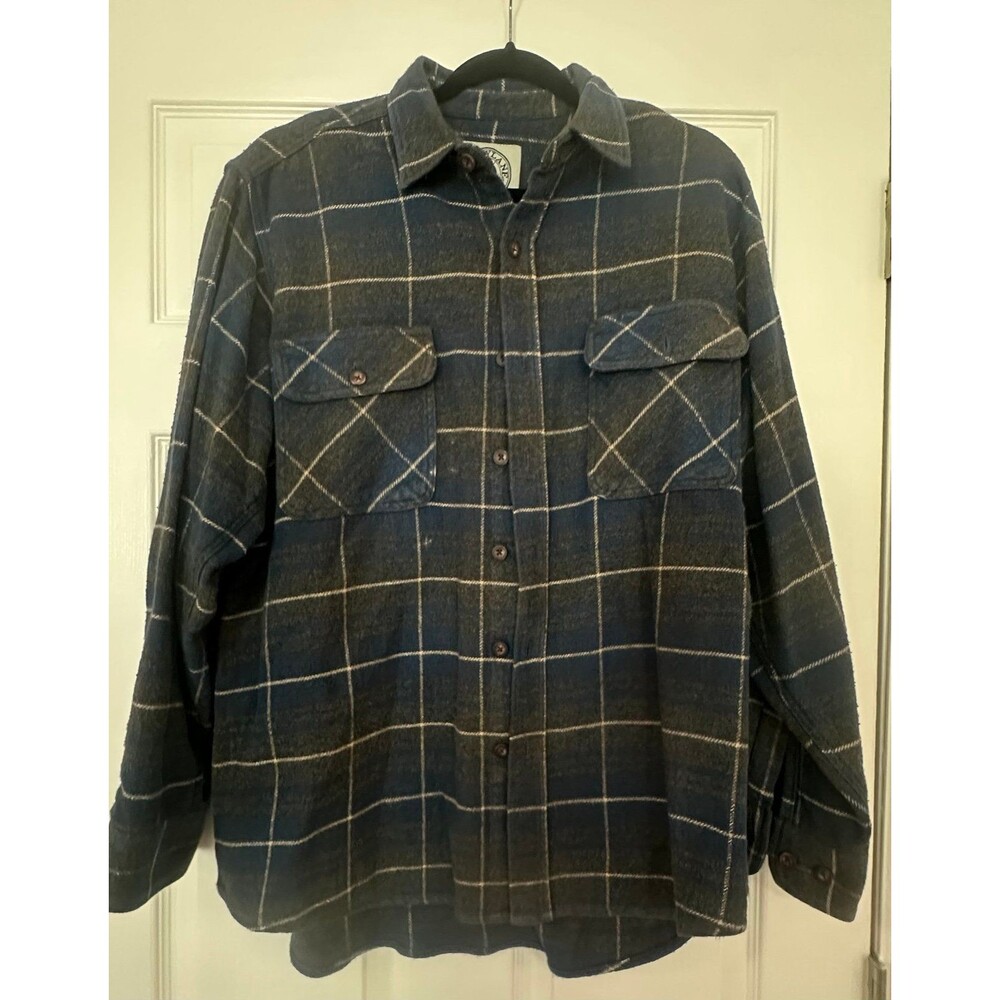 Vintage Burry Lane Blue Grid Plaid Flannel Button Up Shirt Long Sleeve - size L